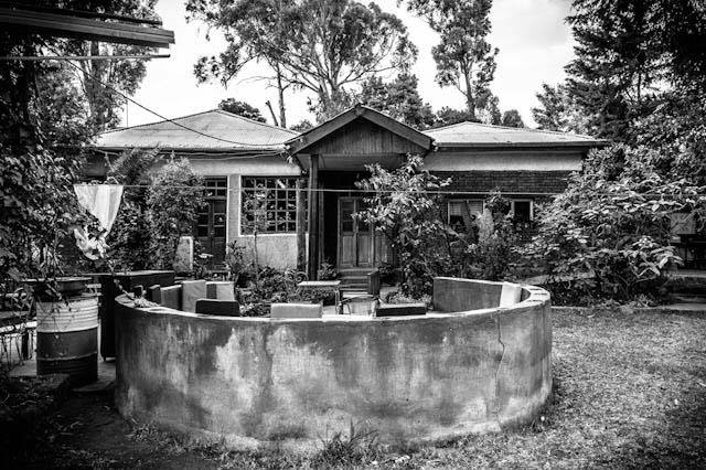 Historic conversation pit and villa exterior